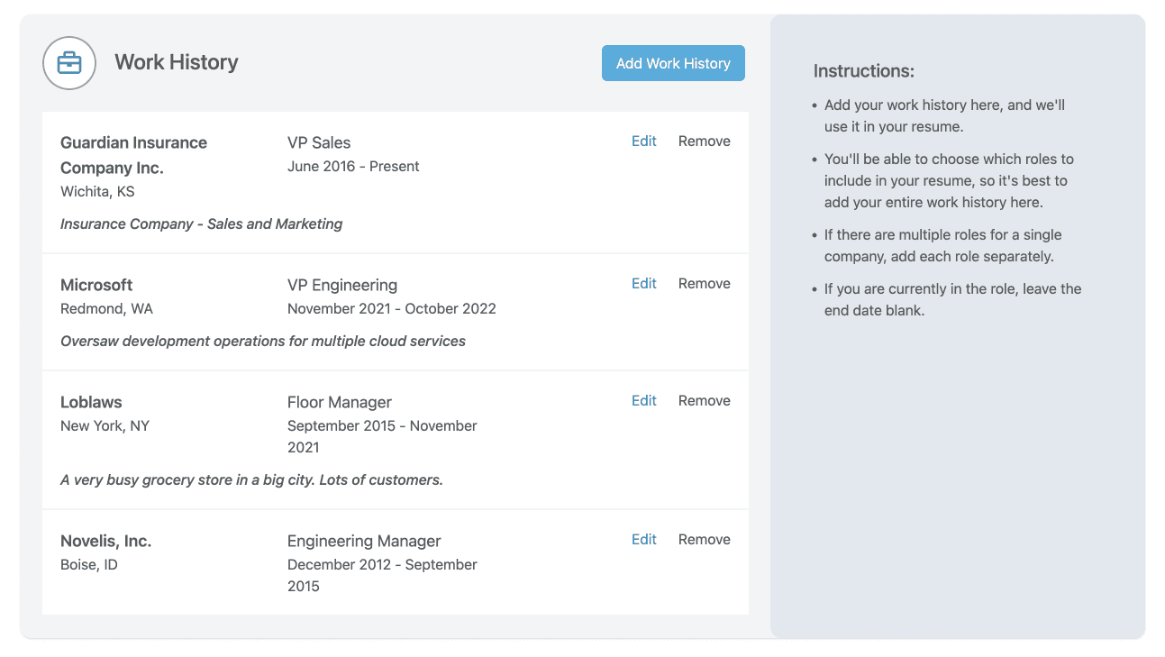 The profile manager's work history section