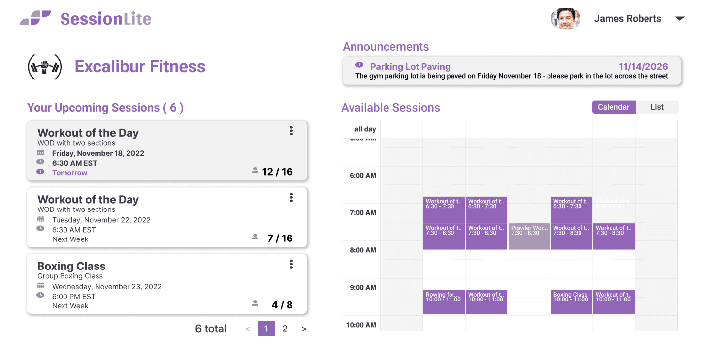 A member's session hub with upcoming sessions and an available-sessions calendar