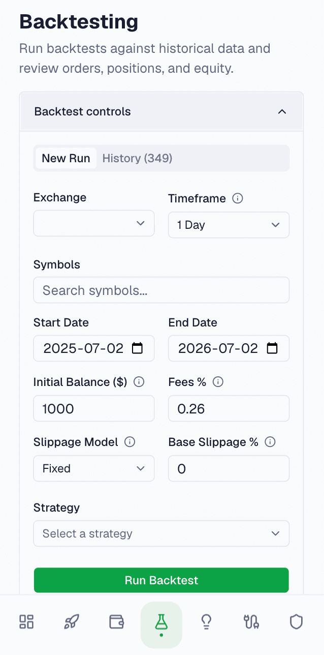 The backtest setup form on mobile